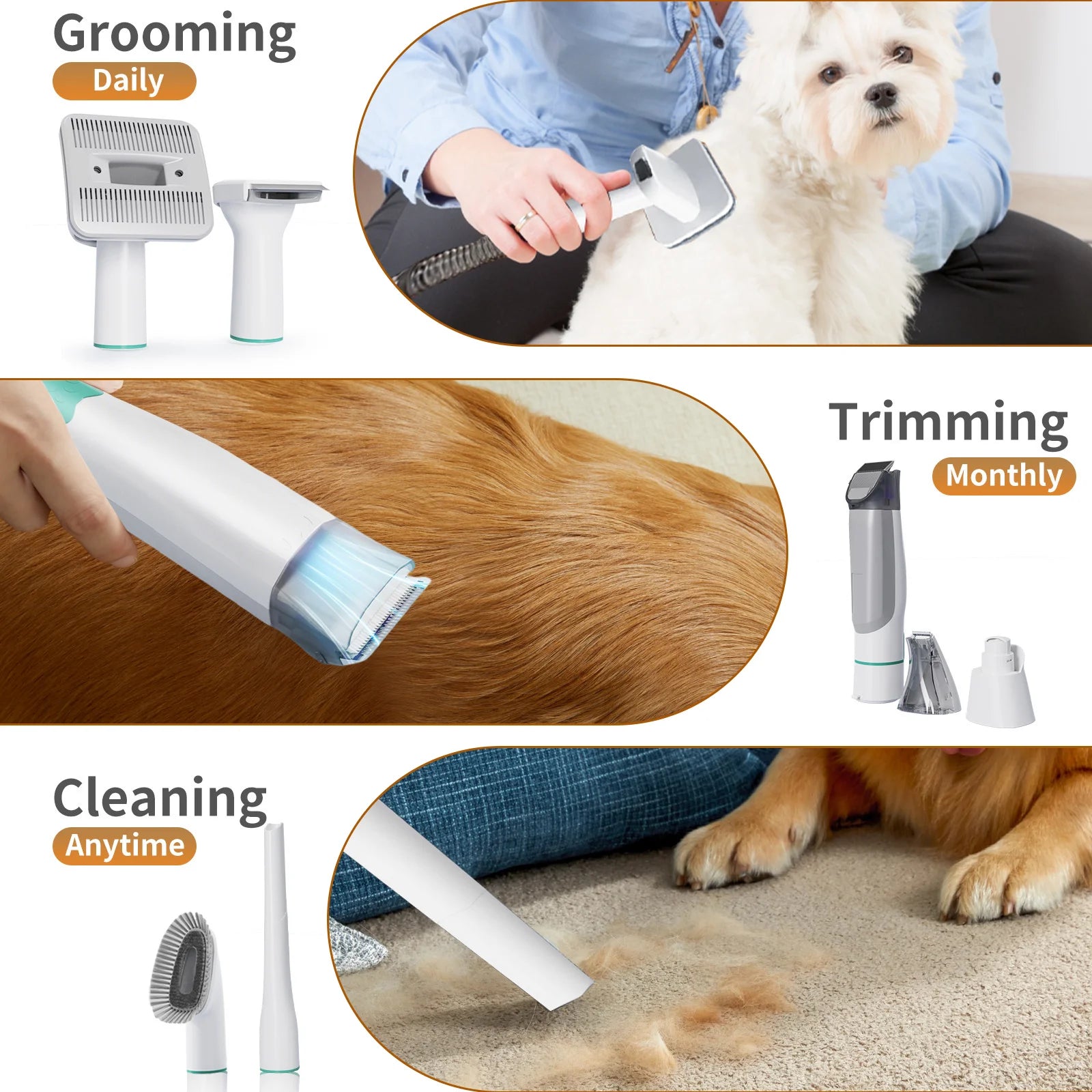 Kit de Toilettage Pro 7-en-1 avec Aspirateur - Silencieux pour Chien & Chat